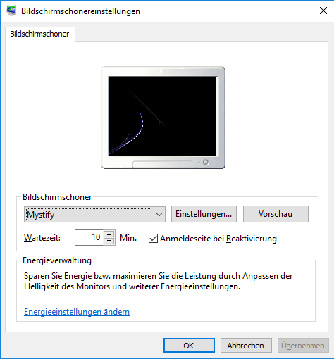 Windows 10 Bildschirmschonereinstellungen